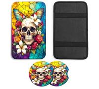 JANENFNA Car Armrest Cover Pads Universal Fashion Cute Auto Center Console Armrest Cover Pad with 2PCS Car Coasters Soft Waterproof Car Armrest Seat Protector for Women,Butterfly Skull Mosaic