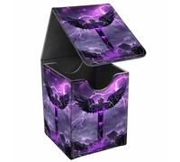 JANENFNA Card Deck Box, Card Storage Box Fits 100+ Single Sleeved Cards, Large Capacity PU Leather Card Storage Box with Strong Magnet for Magic Commander TCG/CCG, Purple Cross With Black Wings