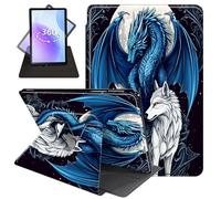 JANENFNA Case for Amazon Fire HD 8 & 8 Plus Tablet 12th/10th Generation 2024/2022/2020 Release, 360 Degree Rotating Swivel Stand PU Leather Case with Auto Sleep/Wake,Blue Dragon & White Wolf