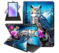 JANENFNA Case for Amazon Fire HD 8 & 8 Plus Tablet 12th/10th Generation 2024/2022/2020 Release, 360 Degree Rotating Swivel Stand PU Leather Case with Auto Sleep/Wake,Owl & Rose Mountain