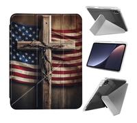 JANENFNA Case for iPad mini 7 (A17 Pro) 2024 / iPad mini 6 2021 with Pencil Holder, Ultra Thin Lightweight Y-Shaped Stand Cover Auto Wake/Sleep,Wooden Cross American Flag