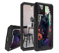 JANENFNA Case for Motorola Moto G Power 2023 5G, Double-Layer Heavy-Duty Shockproof Case for Women Man, Impact Resist Durable Phone Case for Moto G Power 2023, Black Cat Flower