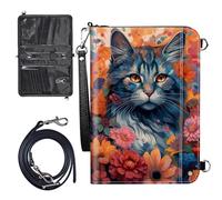 JANENFNA Family Travel Passport Holder for 6, Waterproof Leather Passport Organize Bag Zippered Passport Holder Wallet with Shoulder Strap for Women Men, Cat Surrounded By Flowers, Modern