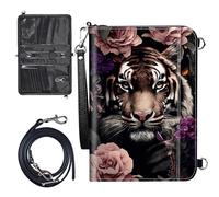 JANENFNA Family Travel Passport Holder for 6, Waterproof Leather Passport Organize Bag Zippered Passport Holder Wallet with Shoulder Strap for Women Men, Tiger Surrounded by Flowers, Modern