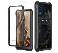 JANENFNA for BLU View Speed 5G Case, for BLU B1550VL Phone Case with Screen Protector Tempered Glass, Shockproof Rugged Impact Resist Phone Case for BLU View Speed 5G, Black Trippy Cat
