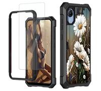 JANENFNA for Cricket Debut S2 Case, for AT&T Calypso 4 Phone Case with Screen Protector Tempered Glass, Shockproof Rugged Impact Resist Phone Case for Att Calypso 4, White Daisy on Wooden Fence