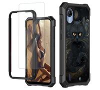 JANENFNA for Cricket Debut S2 Case, for AT&T Calypso 4 Phone Case with Screen Protector Tempered Glass, Shockproof Rugged Impact Resist Phone Case for Att Calypso 4, Black Trippy Cat