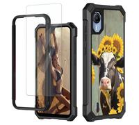 JANENFNA for Cricket Debut S2 Case, for AT&T Calypso 4 Phone Case with Screen Protector Tempered Glass, Shockproof Rugged Impact Resist Phone Case for Att Calypso 4, Cow with Sunflowers