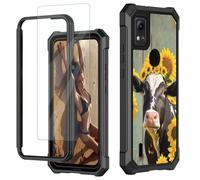 JANENFNA for Cricket Icon 5 Case, for AT&T Motivate 4 Phone Case with Screen Protector Tempered Glass, Shockproof Rugged Impact Resist Phone Case for Att Motivate 4, Cow with Sunflowers