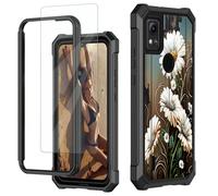 JANENFNA for Cricket Icon 5 Case, for AT&T Motivate 4 Phone Case with Screen Protector Tempered Glass, Shockproof Rugged Impact Resist Phone Case for Att Motivate 4, White Daisy on Wooden Fence
