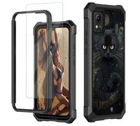 JANENFNA for Cricket Icon 5 Case, for AT&T Motivate 4 Phone Case with Screen Protector Tempered Glass, Shockproof Rugged Impact Resist Phone Case for Att Motivate 4, Black Trippy Cat