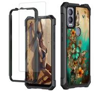 JANENFNA for Cricket Magic 5G Case, for AT&T Propel 5G Phone Case with Screen Protector Tempered Glass, Shockproof Rugged Impact Resist Phone Case for Att Propel 5G, Painting Flowers Butterflies