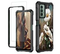 JANENFNA for Cricket Outlast Case, for AT&T Jetmore Phone Case with Screen Protector Tempered Glass, Shockproof Rugged Impact Resist Phone Case for Att Jetmore, White Daisy on Wooden Fence