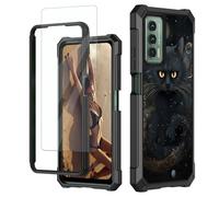 JANENFNA for Cricket Outlast Case, for AT&T Jetmore Phone Case with Screen Protector Tempered Glass, Shockproof Rugged Impact Resist Phone Case for Att Jetmore, Black Trippy Cat