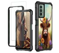 JANENFNA for Cricket Outlast Case, for AT&T Jetmore Phone Case with Screen Protector Tempered Glass, Shockproof Rugged Impact Resist Phone Case for Att Jetmore, Flowers Cow