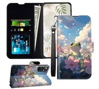 JANENFNA for Galaxy A14 5G Wallet Case with RFID Blocking Card Slots Stand - Leather Flip Cover for Women (Men) Shockproof Protective for Samsung Galaxy A14 5G Case,Green Frog in Flowers