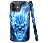 JANENFNA for iPhone 12/12 Pro Case Designer, Wireless Charging Compatible- Dual-Layer Hard - Drop Shock Scratch Protection - Silky Soft Phone Case with Stylish for Women,Blue Flame Skull ABC
