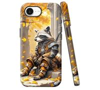 JANENFNA for iPhone 16 E Case Designer, Wireless Charging Compatible- Dual-Layer Hard - Drop Shock Scratch Protection - Silky Soft Phone Case with Stylish for Women,Raccoon Warrior in Fall a