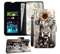 JANENFNA for Moto G Pure Wallet Case with RFID Blocking Card Slots Stand - Premium Leather Flip Cover for Women (Men) Shockproof Protective for Motorola Moto-G Pure Phone Case,Cow with Sunflower Crown