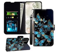 JANENFNA for Moto G Pure Wallet Case with RFID Blocking Card Slots Stand - Premium Leather Flip Cover for Women (Men) Shockproof Protective for Motorola Moto-G Pure Phone Case,Blue Golden Butterflies