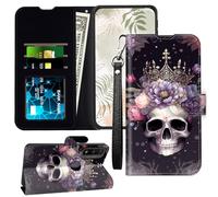 JANENFNA for Moto G Pure Wallet Case with RFID Blocking Card Slots Stand - Premium Leather Flip Cover for Women (Men) Shockproof Protective for Motorola Moto-G Pure Phone Case,Skull with Crown