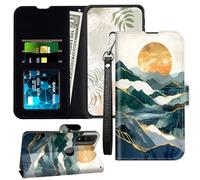JANENFNA for Moto G Pure Wallet Case with RFID Blocking Card Slots Stand - Premium Leather Flip Cover for Women (Men) Shockproof Protective for Motorola Moto-G Pure Phone Case,Golden Sun Mountains