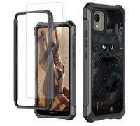 JANENFNA for Nokia C110 Case, for Nokia C110 Phone Case with Screen Protector Tempered Glass, Shockproof Rugged Impact Resist Durable Phone Case for Nokia C110, Black Trippy Cat
