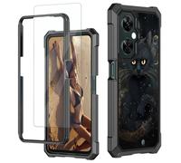 JANENFNA for OnePlus Nord N30 5G Case, Nord N30 5G Phone Case with Screen Protector Tempered Glass, Shockproof Rugged Impact Resist Durable Phone Case for OnePlus N30, Black Trippy Cat