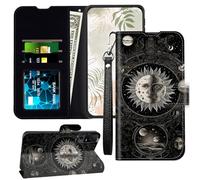 JANENFNA for TCL 40 XE 5G 2023 Wallet Case with RFID Blocking Card Slot Shockproof Leather Cover for TCL 40XE with Wristlet Strap Kickstand Phone Case for TCL 40 XE 5G T609DL, Sun Moon Star
