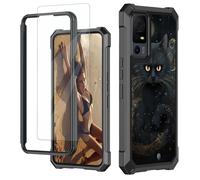 JANENFNA for TCL 40 XL Case, for TCL 40 T T608DL Phone Case with Screen Protector Tempered Glass, Shockproof Rugged Impact Resist Case for Lively Jitterbug Smart 4, Black Trippy Cat