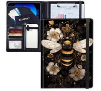 JANENFNA Golden Bee Padfolio Portfolio Leather Binder, Resume Portfolio Folder with Elastic Band, Conference/Legal Document Organizer with A4 Size Clipboard, 4 Card Holder