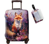 JANENFNA Luggage Cover + Luggage Tag, Washable Elastic Travel Suitcase Protector With Concealed Zipper for Men Women Teens Boys Girls S (18-21 Inch Suitcase), Flowers Fox, S (18-21 inch suitcase)