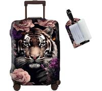 JANENFNA Luggage Cover + Luggage Tag, Washable Elastic Travel Suitcase Protector With Concealed Zipper for Men Women Teens Boys Girls S (18-21 Inch Suitcase), Tiger Surrounded by Flowers, XL (29-32