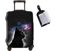 JANENFNA Luggage Cover + Luggage Tag, Washable Elastic Travel Suitcase Protector With Concealed Zipper for Men Women Teens Boys Girls S (18-21 Inch Suitcase), Black Cat Art Galaxy, S (18-21 inch