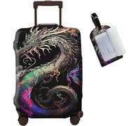 JANENFNA Luggage Cover + Luggage Tag, Washable Elastic Travel Suitcase Protector With Concealed Zipper for Men Women Teens Boys Girls S (18-21 Inch Suitcase), Dragon Art, XL (29-32 Inch Suitcase)
