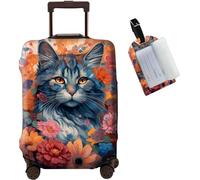 JANENFNA Luggage Cover + Luggage Tag, Washable Elastic Travel Suitcase Protector With Concealed Zipper for Men Women Teens Boys Girls S (18-21 Inch Suitcase), Cat Surrounded by Flowers, M (22-25 inch