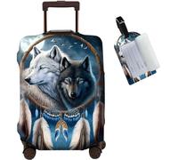 JANENFNA Luggage Cover + Luggage Tag, Washable Elastic Travel Suitcase Protector With Concealed Zipper for Men Women Teens Boys Girls S (18-21 Inch Suitcase), Two Wolfs Dreamcatcher, XL (29-32 Inch