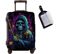JANENFNA Luggage Cover + Luggage Tag, Washable Elastic Travel Suitcase Protector With Concealed Zipper for Men Women Teens Boys Girls S (18-21 Inch Suitcase), Skull Death, S (18-21 inch suitcase)