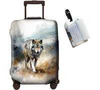 JANENFNA Luggage Cover + Luggage Tag, Washable Elastic Travel Suitcase Protector With Concealed Zipper for Men Women Teens Boys Girls S (18-21 Inch Suitcase), Art Wolf, XL (29-32 Inch Suitcase)