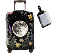 JANENFNA Luggage Cover + Luggage Tag, Washable Elastic Travel Suitcase Protector With Concealed Zipper for Men Women Teens Boys Girls S (18-21 Inch Suitcase), Full Moon Surrounded Flowers, M (22-25