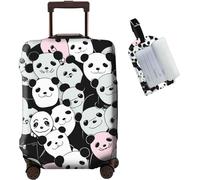 JANENFNA Luggage Cover + Luggage Tag, Washable Elastic Travel Suitcase Protector With Concealed Zipper for Men Women Teens Boys Girls S (18-21 Inch Suitcase), Black White Panda Bears, L (26-28 inch
