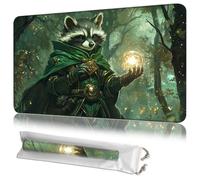 JANENFNA MTG Playmat 24"x14" with Storage Bag, Machine Washable Non-Slip Rubber Mat, 2mm Thick Stitched Edge for Magic The Gathering TCG Players- Forest Sorcerer Raccoon