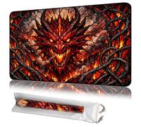 JANENFNA MTG Playmat 24"x14" with Storage Bag, Machine Washable Non-Slip Rubber Mat, 2mm Thick Stitched Edge for Magic The Gathering TCG Players, Stained Glass Red Dragon