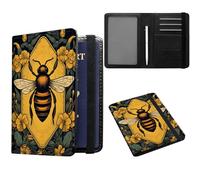 JANENFNA Passport and Vaccine Card Holder, Travel Wallet RFID Blocking PU Leather Case Cover with Vaccine Card Protector Slot with Pen, for Women and Men, Bee Yellow Flower, Rfid Wallet