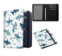 JANENFNA Passport and Vaccine Card Holder, Travel Wallet RFID Blocking PU Leather Case Cover with Vaccine Card Protector Slot with Pen, for Women and Men, Sharks and Fish, Rfid Wallet