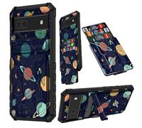 JANENFNA Pixel 6a Case 6.1" 2022, for Google Pixel 6a Phone Case with Card Holder Detachable Kickstand Heavy Duty Shockproof Case for Google Pixel 6a 5G, Planets Stars
