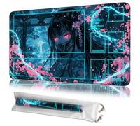 JANENFNA Playmat 24" x 14" with Magic Zones for MTG Card Game Playing, Board Game Mat for Card Breaking Commander Deck Gaming Card Game Battles Mat with Storage Bags, Cyberpunk Cherry Blossom Girl