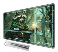 JANENFNA Playmat 24" x 14" with Magic Zones for MTG Card Game Playing, Board Game Mat for Card Breaking Commander Deck Gaming Card Game Battles Mat with Storage Bags, Forest Sorcerer Raccoon