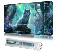 JANENFNA Playmat 24" x 14" with Magic Zones for MTG Card Game Playing, Board Game Mat for Card Breaking Commander Deck Gaming Card Game Battles Mat with Storage Bags, Mystical Cat Forest