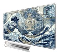 JANENFNA Playmat 24" x 14" with Magic Zones for MTG Card Game Playing, Board Game Mat for Card Breaking Commander Deck Gaming Card Game Battles Mat with Storage Bags, Japanese Ukiyo-e Sea Wave
